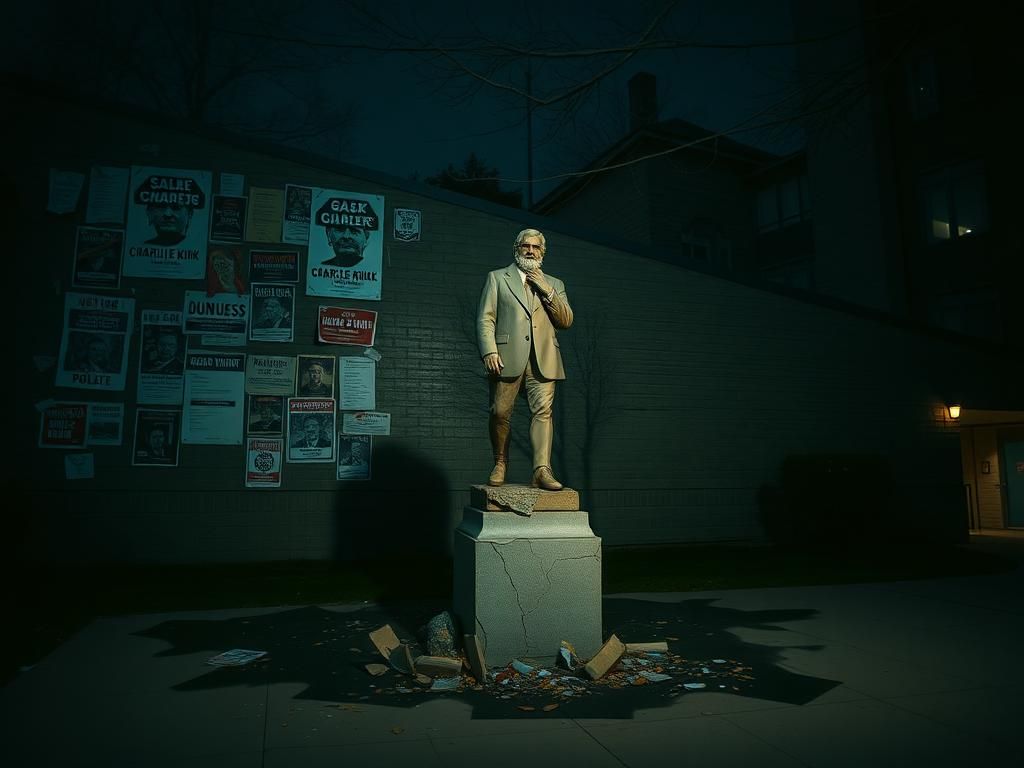 Flick International Dimly lit university campus scene with weathered political flyers mocking Charlie Kirk