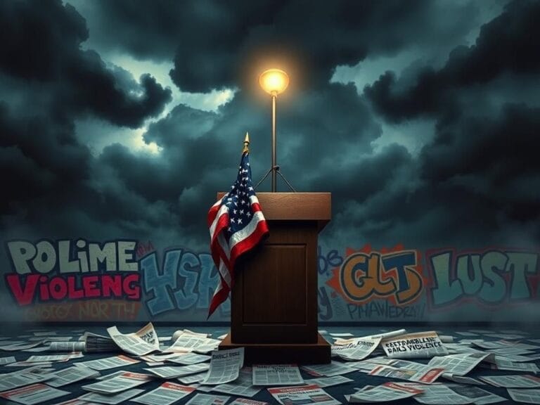 Flick International Empty political podium under dark clouds symbolizing political tension and violence