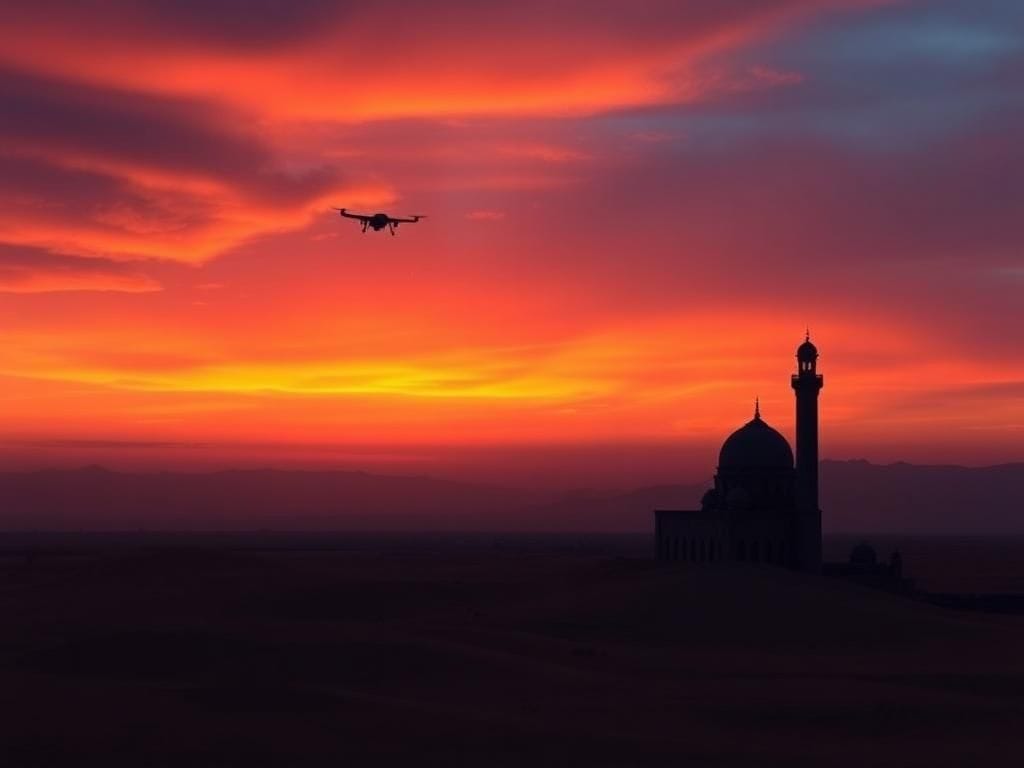 Flick International Dramatic panoramic view of a Middle Eastern desert landscape at dusk showcasing the silhouette of a traditional Qatari building against a vibrant sky.