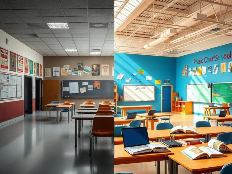Flick International Split image contrasting a traditional public school with empty classrooms and a vibrant charter school filled with color and modern learning tools