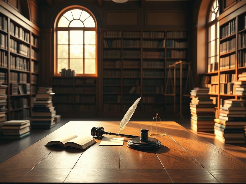 Flick International Serene library scene with law books, a gavel, and balanced scales of justice