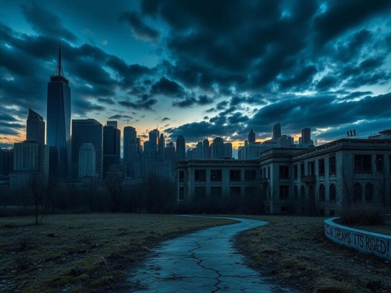 Flick International Urban landscape at dusk showcasing economic disparity between skyscrapers and dilapidated buildings