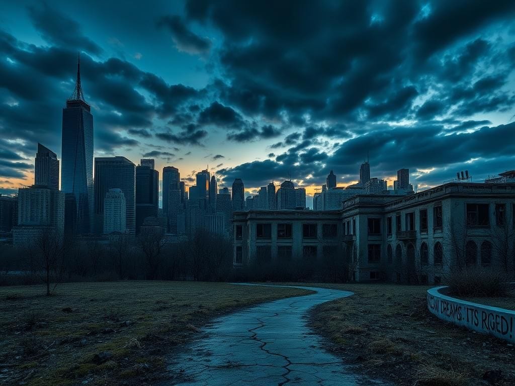 Flick International Urban landscape at dusk showcasing economic disparity between skyscrapers and dilapidated buildings