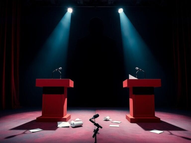 Flick International A dramatic debate stage with empty podiums symbolizing political discourse