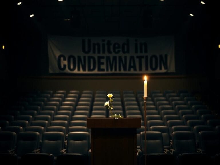 Flick International A darkened university auditorium with empty chairs symbolizes the aftermath of political violence