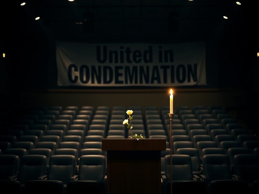 Flick International A darkened university auditorium with empty chairs symbolizes the aftermath of political violence