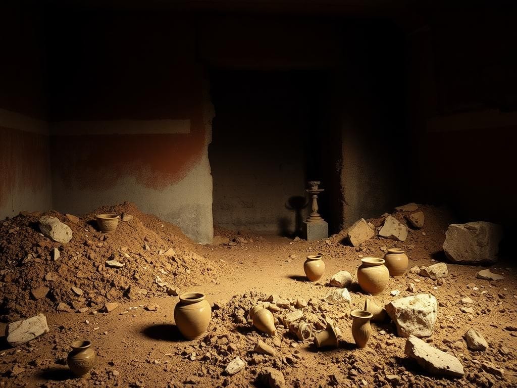 Flick International Entrance of a 2,300-year-old Messapian tomb in Italy, showcasing faded red plaster and archaeological artifacts.