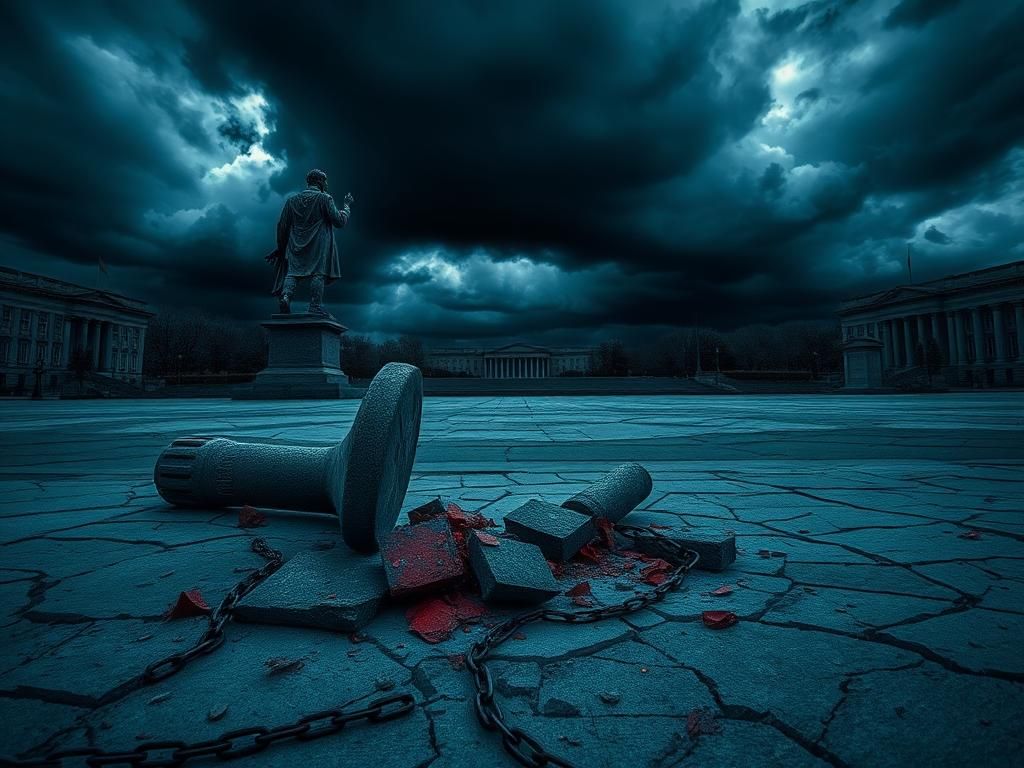Flick International A dark landscape depicting political tension with a shattered statue and ominous storm clouds