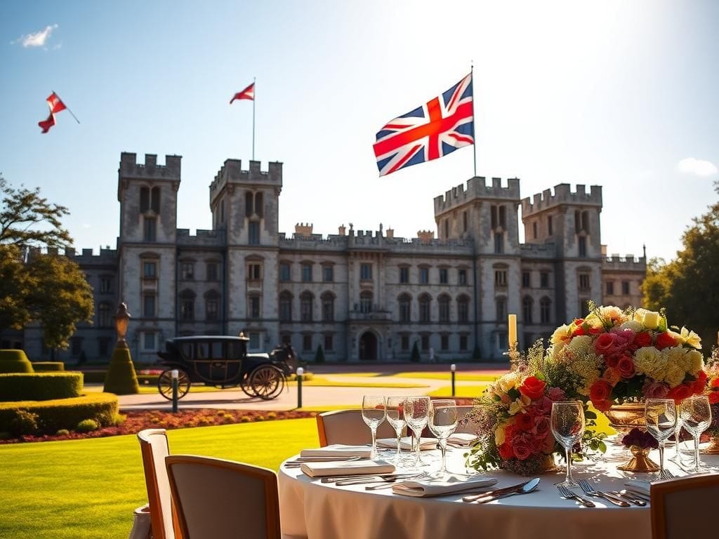Flick International A regal scene at Windsor Castle with the iconic towers, manicured gardens, and the UK flag