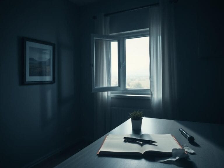 Flick International A dimly lit room with a desk, journal, and pen representing introspection after trauma