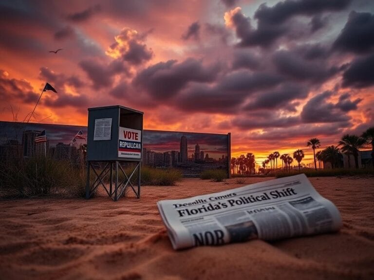 Flick International A desolate Florida landscape featuring a deserted voting booth and a 'Vote Republican' sign