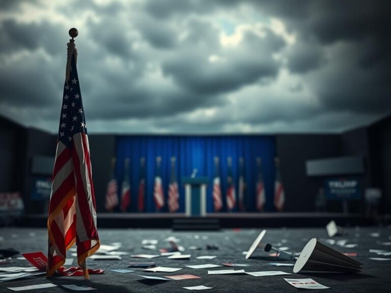 Flick International A broken American flag stands solemnly at a political debate stage, symbolizing the absence of dialogue.