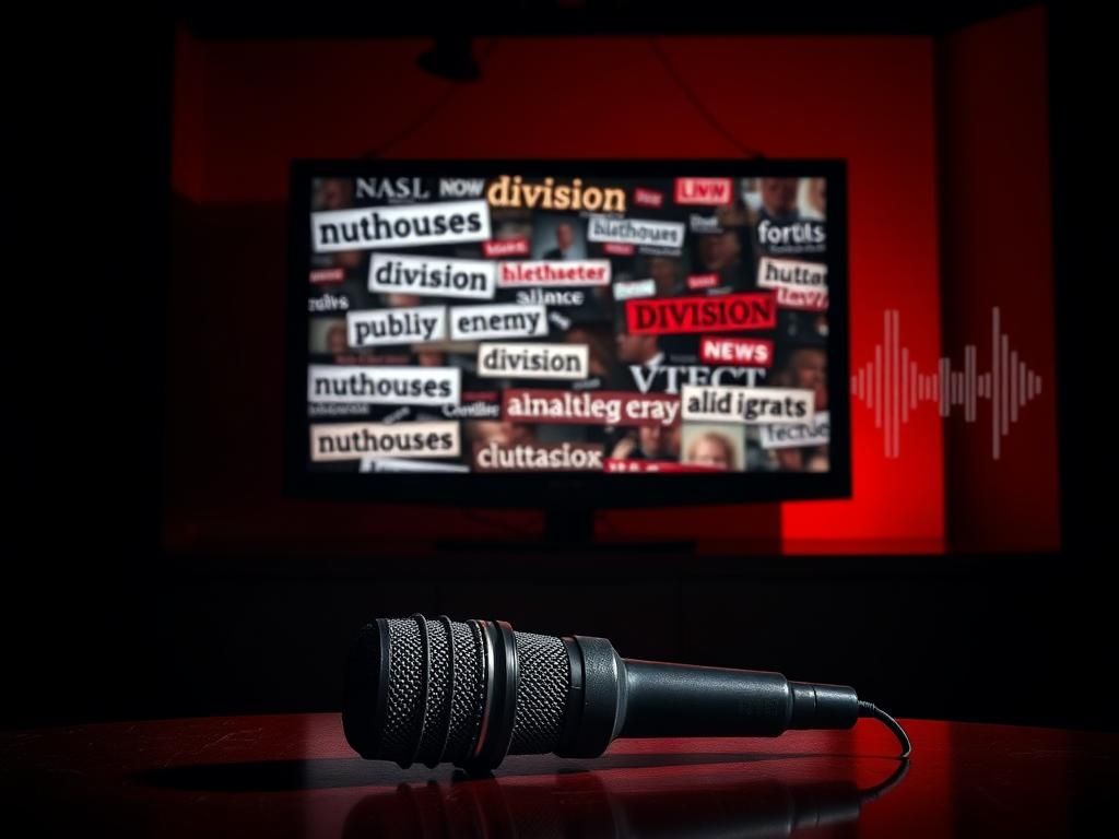 Flick International Darkened news studio backdrop with ominous television screen displaying fragmented headlines and words related to media criticism