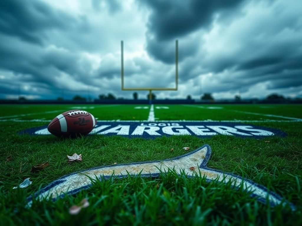 Flick International Close-up of a football field with Chargers' logo and overcast sky emphasizing Khalil Mack's injury
