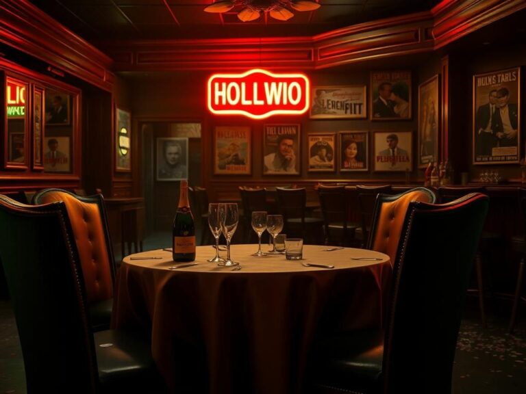 Flick International An empty, elegantly set table with a luxurious tablecloth and a half-empty bottle of champagne in a dimly lit Hollywood bar.