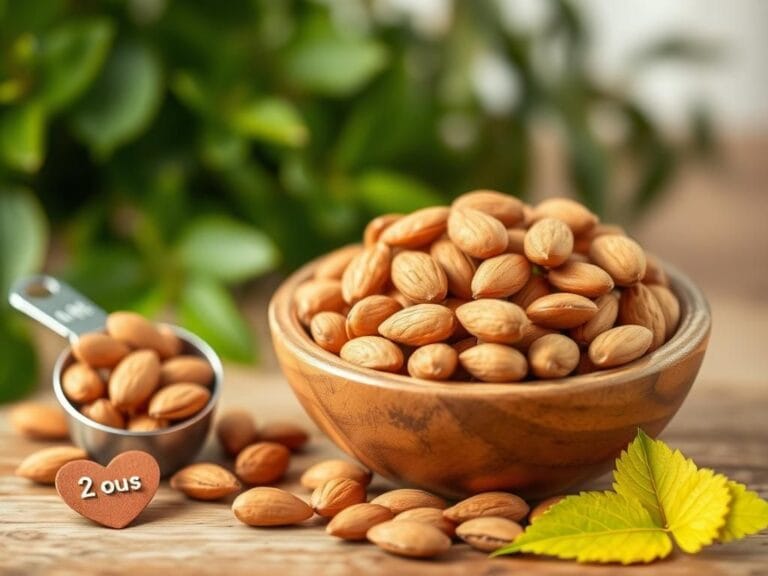 Flick International Close-up of a wooden bowl filled with raw, unshelled almonds surrounded by green foliage.