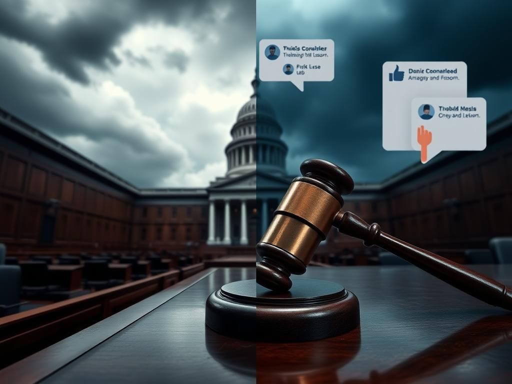 Flick International Split-screen image depicting a somber congressional chamber and a gavel, illustrating political tension