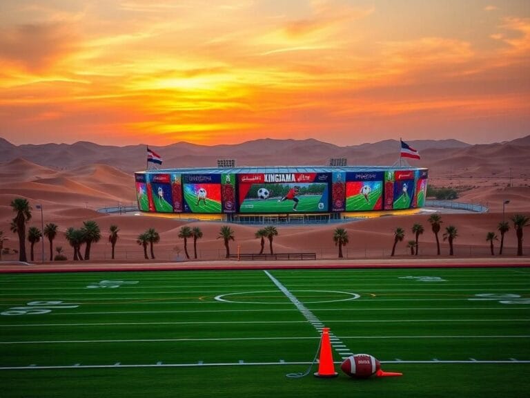 Flick International Vibrant desert landscape in Saudi Arabia featuring the Kingdom Arena at sunset