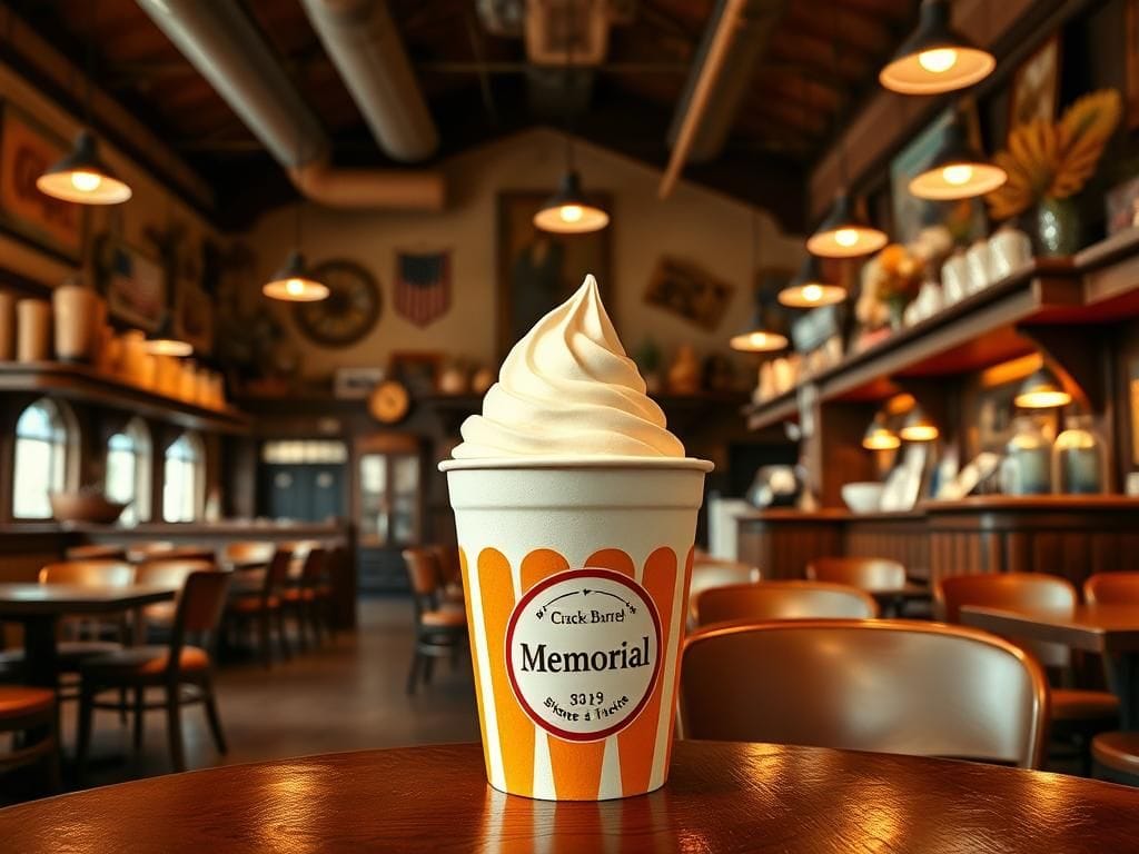 Flick International Inviting interior of Cracker Barrel with nostalgic decor and a frozen yogurt cup