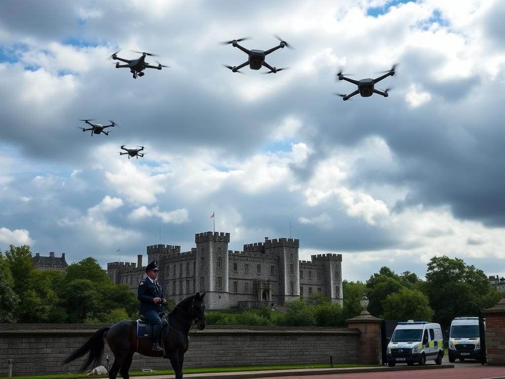 Flick International A panoramic view of Windsor Castle with drones in the sky during Trump's state visit