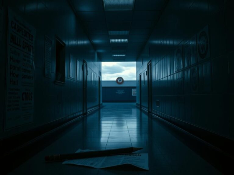 Flick International Dimly lit school hallway with ominous shadows and extremist graffiti