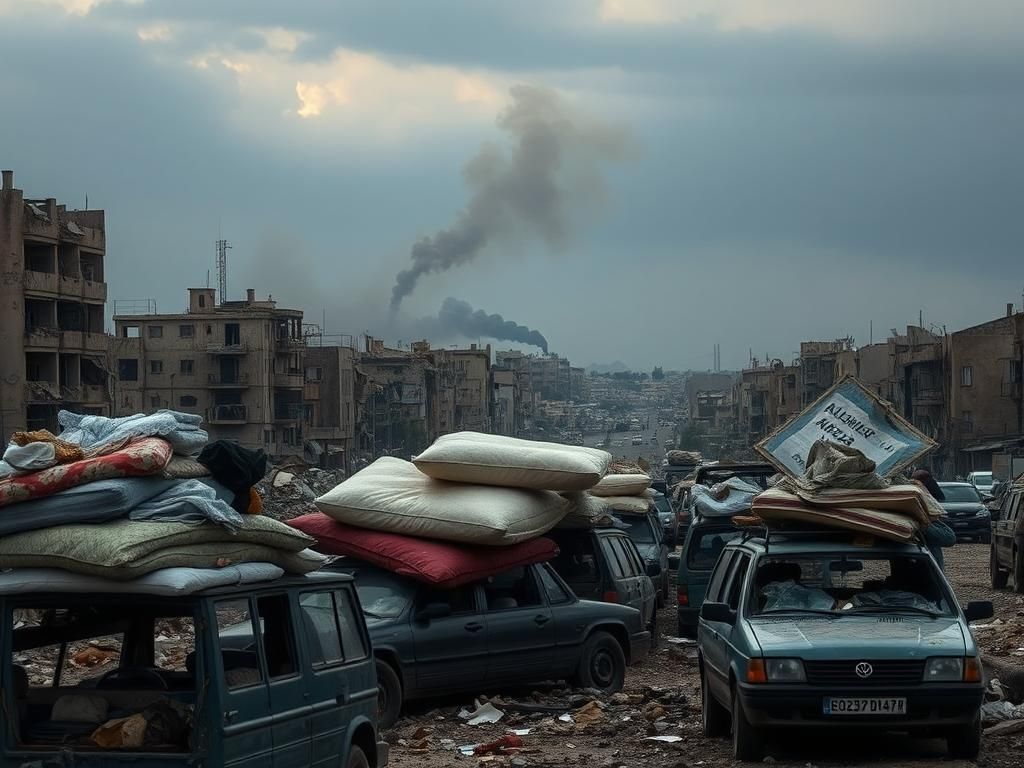 Flick International Desolate urban landscape of Gaza City showing crumbling buildings and abandoned vehicles during evacuation