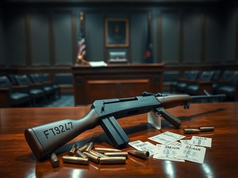 Flick International Detailed courtroom scene featuring a partially restored rifle with visible bullet casings and FBI evidence tags
