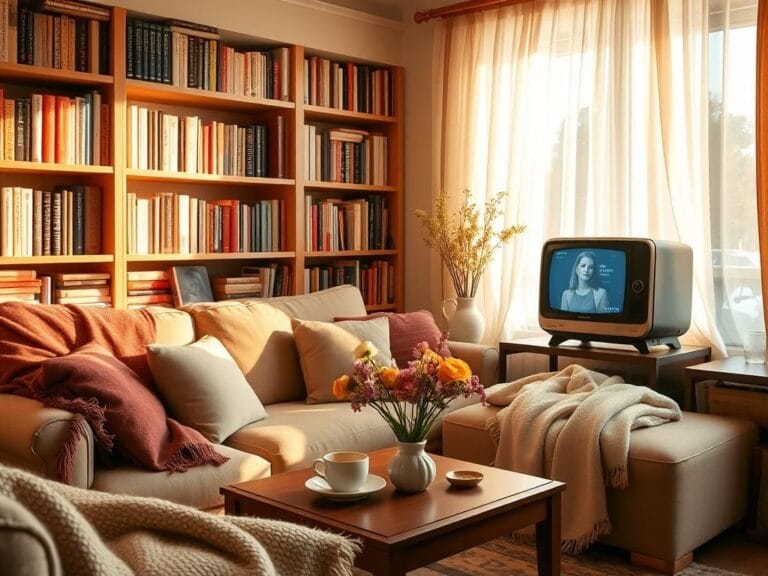 Flick International Cozy living room with a comfortable couch and vintage television set