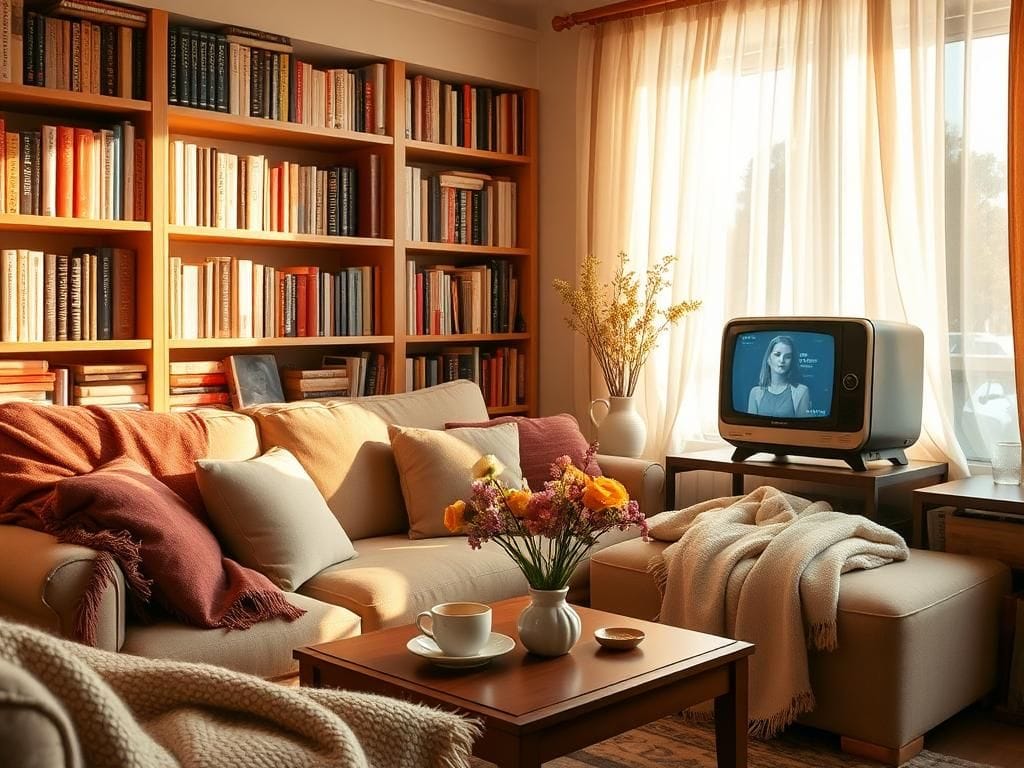 Flick International Cozy living room with a comfortable couch and vintage television set