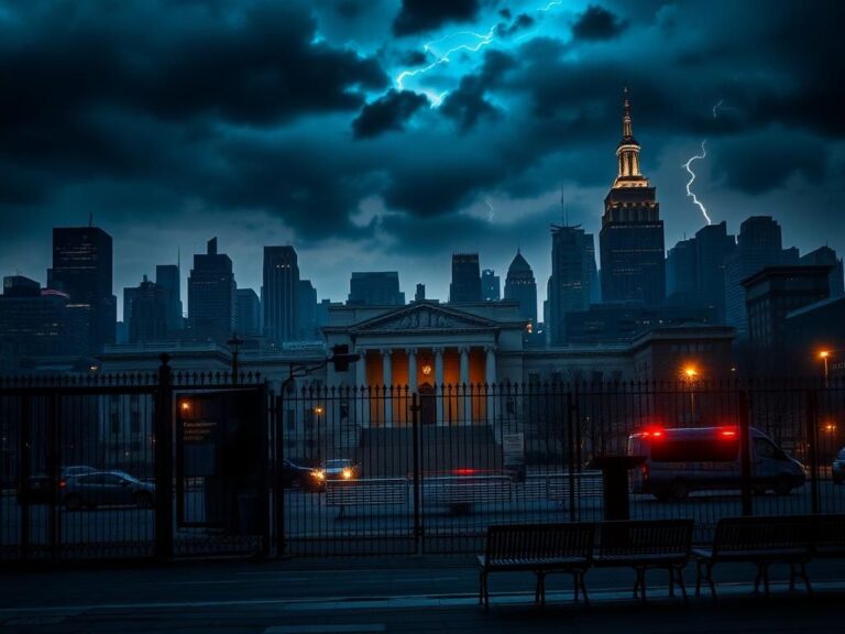 Flick International Dramatic cityscape of Manhattan featuring a courthouse symbolizing justice amidst a twilight atmosphere