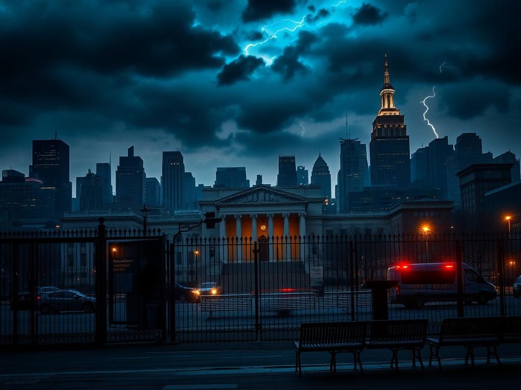 Flick International Dramatic cityscape of Manhattan featuring a courthouse symbolizing justice amidst a twilight atmosphere