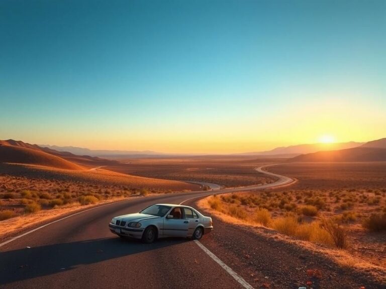 Flick International A damaged car by a winding road in a New Mexico desert landscape