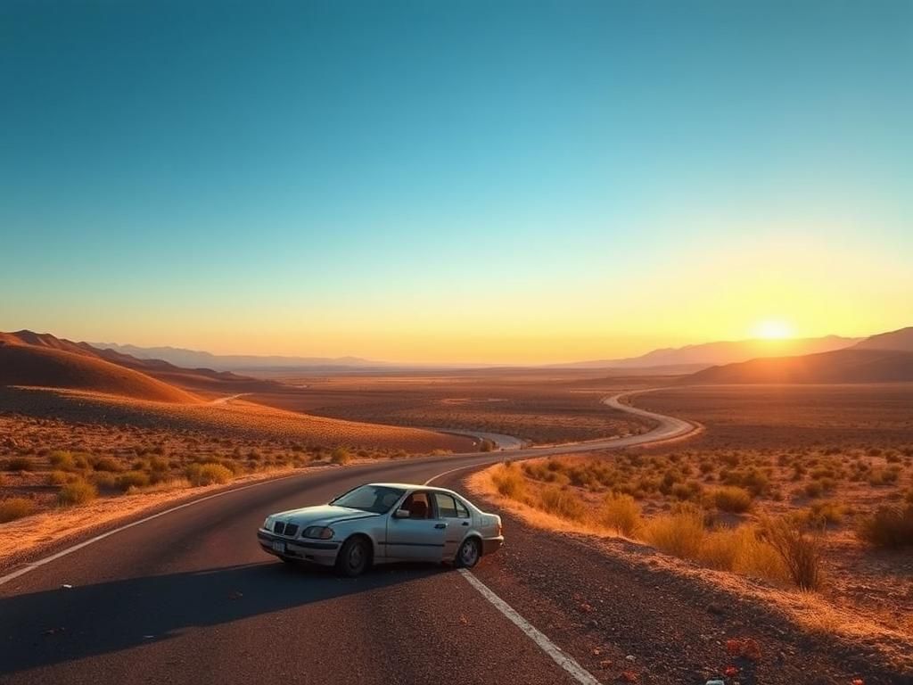 Flick International A damaged car by a winding road in a New Mexico desert landscape