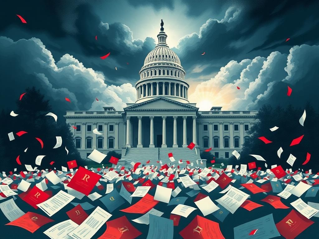 Flick International Abstract representation of a government building amidst chaos symbolizing urgency over impending shutdown