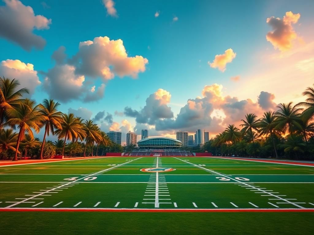 Flick International Miami Dolphins football field under a vibrant sunset skyline