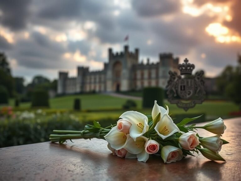 Flick International A serene landscape of Windsor Castle with wilted lilies and roses representing a royal memorial.