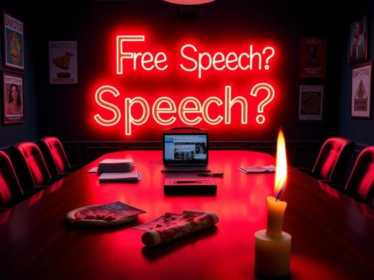 Flick International Dimly lit boardroom with a long wooden table and Barstool Sports merchandise on the walls