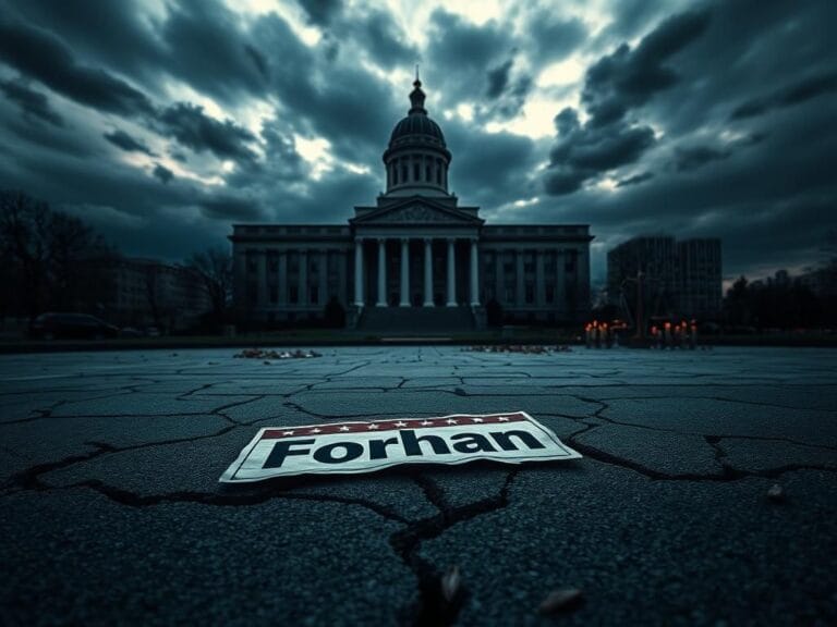 Flick International Dark landscape of Ohio's state government building under stormy sky with cracked pavement