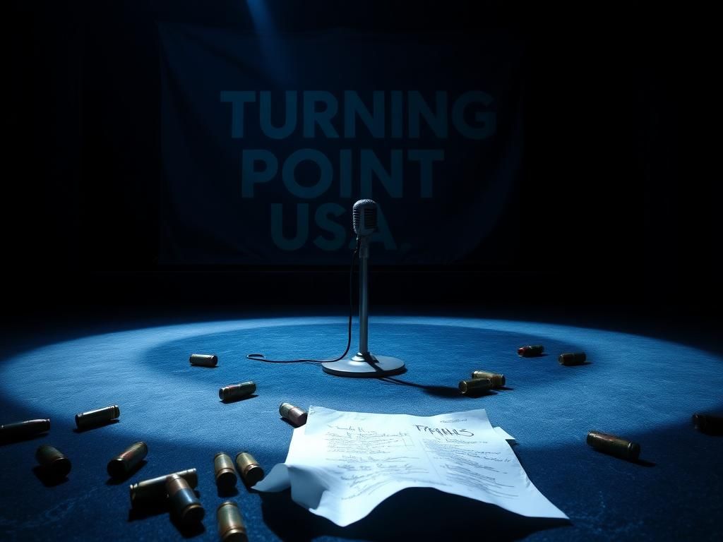 Flick International Dark scene with microphone, bullet casings, and shadowy backdrop