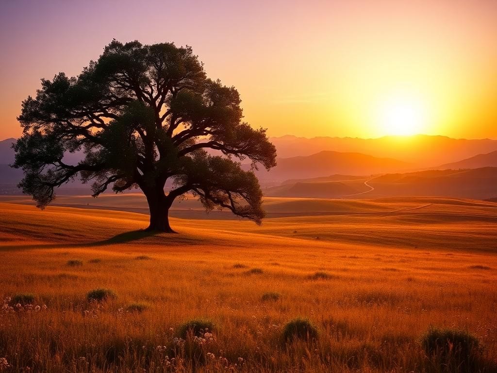 Flick International A serene landscape at sunset with wildflowers and a sturdy oak tree symbolizing resilience and hope