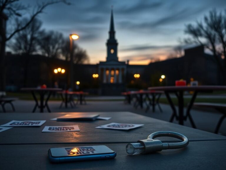 Flick International Empty university campus at dusk with conservative symbols and broken phone