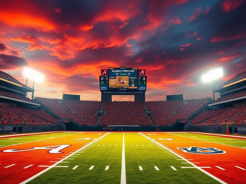 Flick International Dynamic football stadium showcasing Alabama Crimson Tide and Auburn Tigers logos on the field