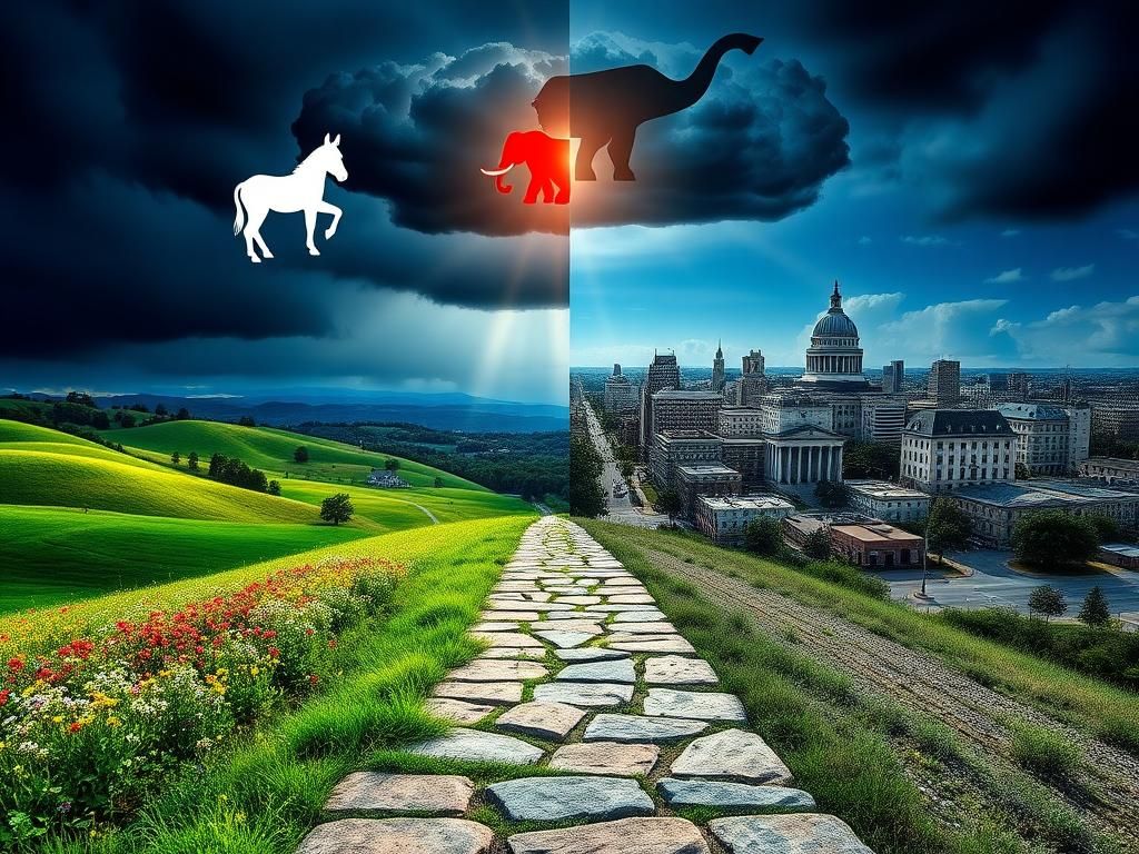 Flick International A split landscape depicting Georgia's political transition with vibrant nature and faded urban areas