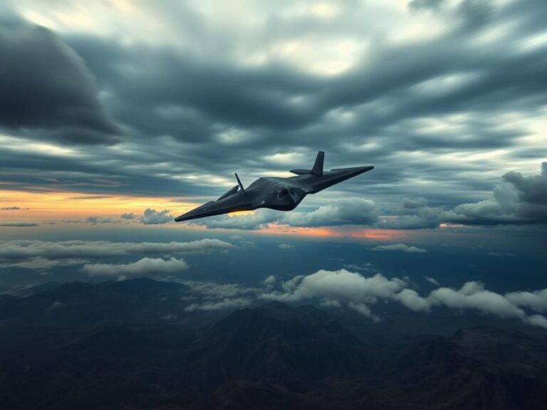 Flick International A B-2 stealth bomber flying over rugged Iranian mountains under a dynamic sky