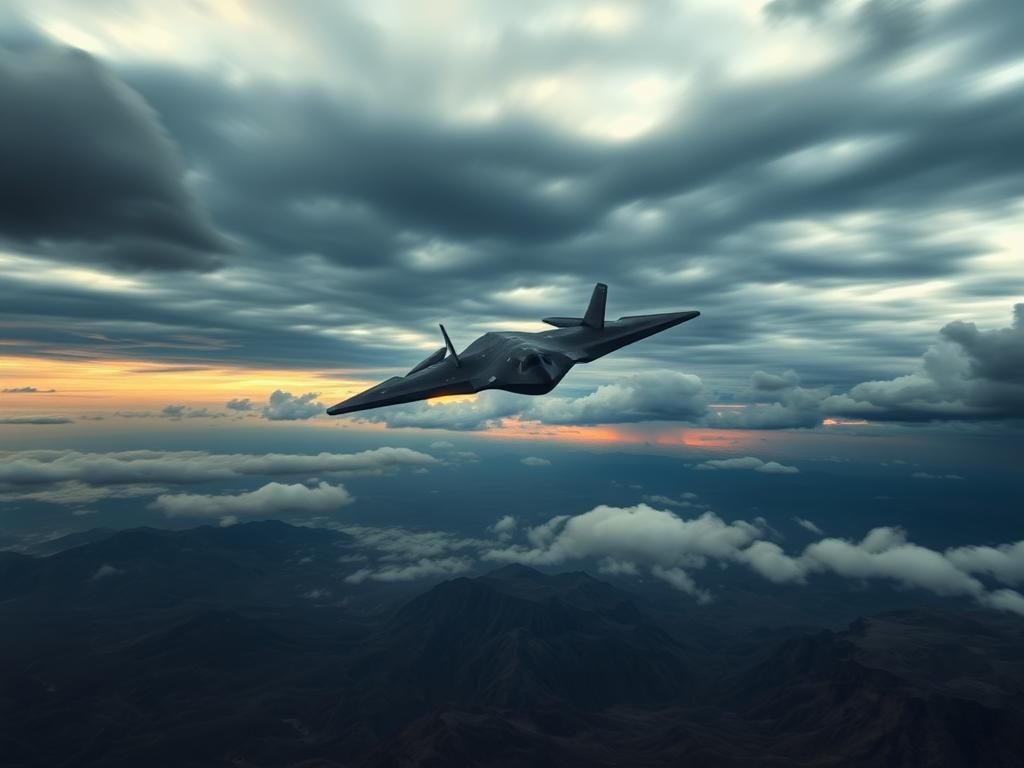 Flick International A B-2 stealth bomber flying over rugged Iranian mountains under a dynamic sky