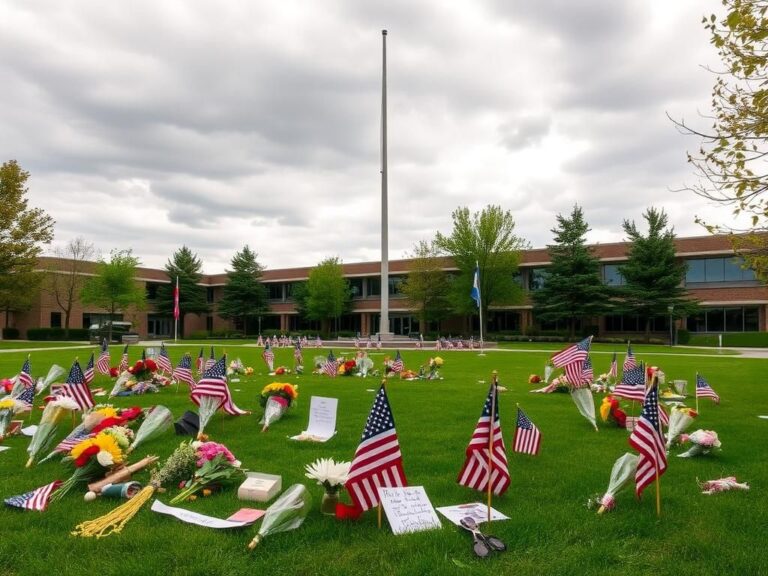 Flick International Memorial courtyard at Utah Valley University with flowers, flags, and tribute items