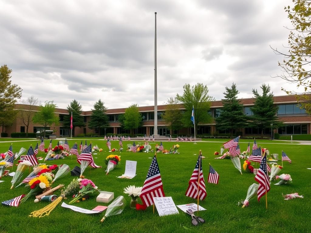 Flick International Memorial courtyard at Utah Valley University with flowers, flags, and tribute items