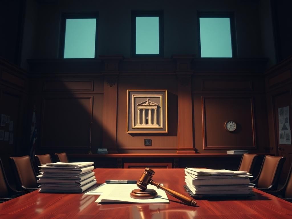 Flick International Courtroom setting with legal documents and Federal Reserve logo