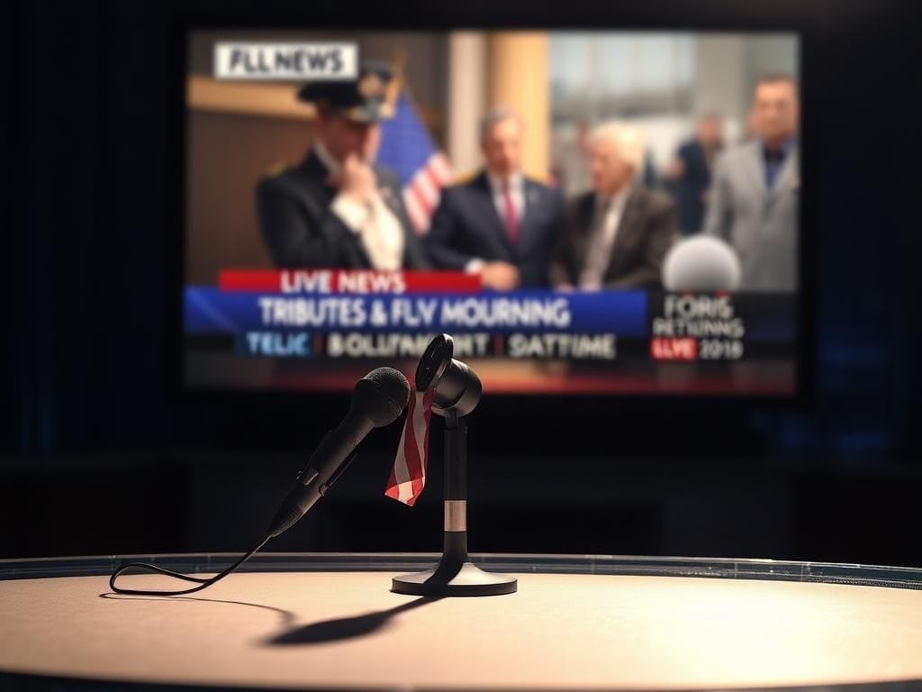 Flick International Empty television news desk with microphone symbolizing reflection on media responsibility