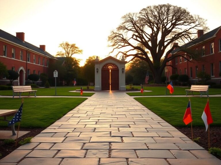 Flick International Serene college campus at sunset with empty courtyard and stone pathway